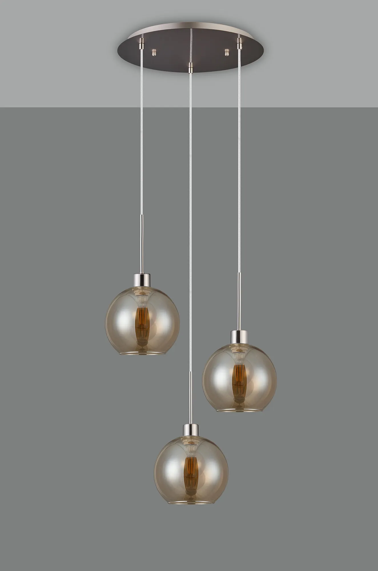 Lori 40cm Round Pendant, 3 Light Adjustable E27, Satin Nickel/Amber Open Mouth Round Globe Shades DK1365  Deco Lori Satin Nickel